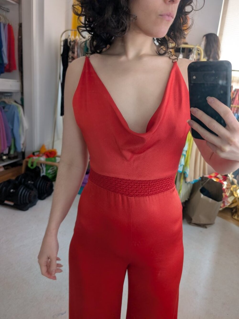 A+O Riska Cowl Neck Chain Strap Jumpsuit in Red & Gold - Picture 7 of 16
